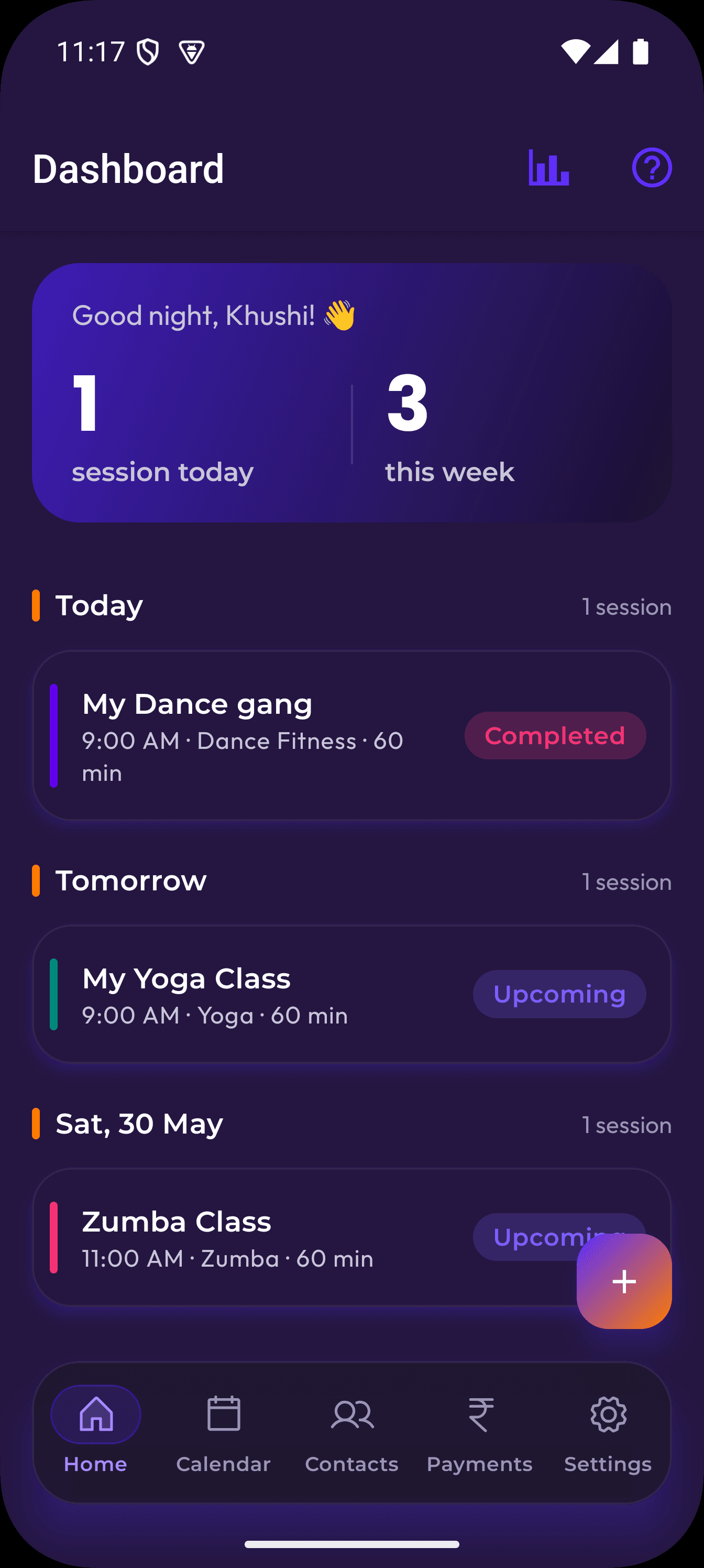 Dashboard — today's sessions